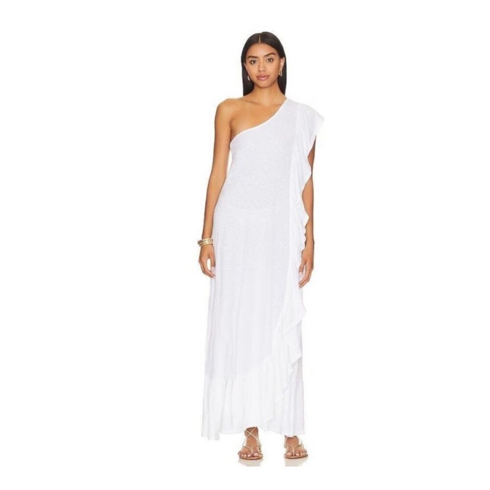 Elisa Slub Cotton White Maxi Dress Ruffled One Shoulder Dress Medium - Picture 8 of 16